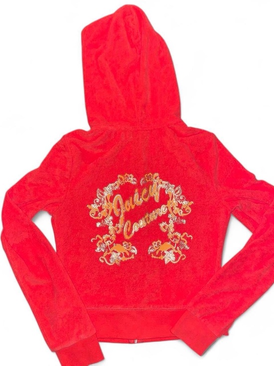 Juicy Couture Sweaters - Juicy Couture W Red Terry Hoodie Sweater Jacket Y2K Hibiscus Flower Print